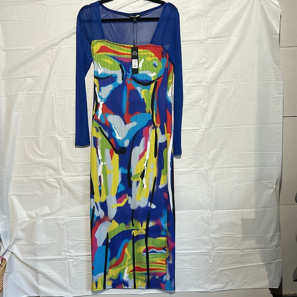 Colorful Abstract Mesh Sleeve Maxi Dress